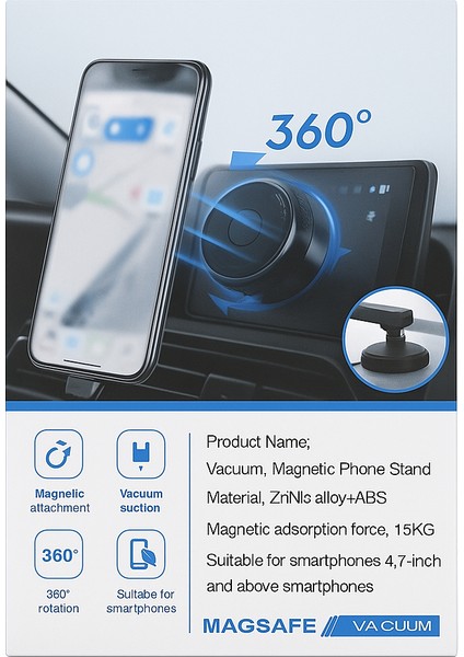 Magsafe Vakumlu Araç Içi Telefon Tutucu – 360° Dönebilen Güçlü Manyetik Car Mount, 1,5 kg Taşıma Kapasiteli, Tüm 4.7” ve Üzeri Akıllı Telefonlarla Uyumlu fiyatları