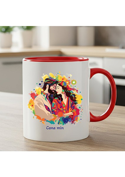 Kürtçe Cana Min Yazılı Mem U Zin Tasarımlı Kırmızı Renkli Kupa Bardağı - Cana Min Kupa Bardak