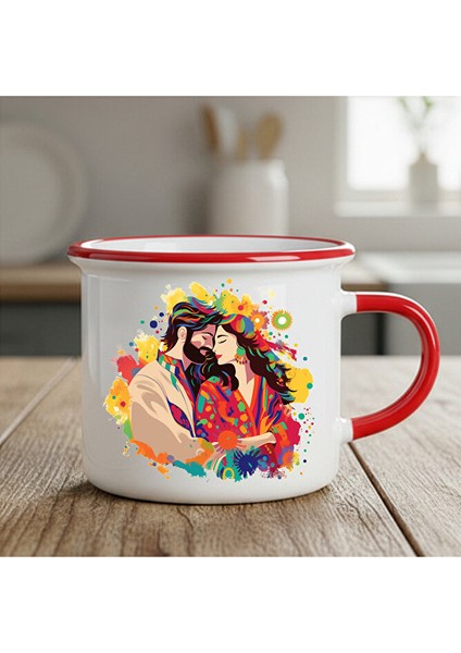 Sevgililere Özel Mem Û Zin Temalı Enamel Kırmızı Kupa Bardak - Sevgililer Için Enamel Kupası
