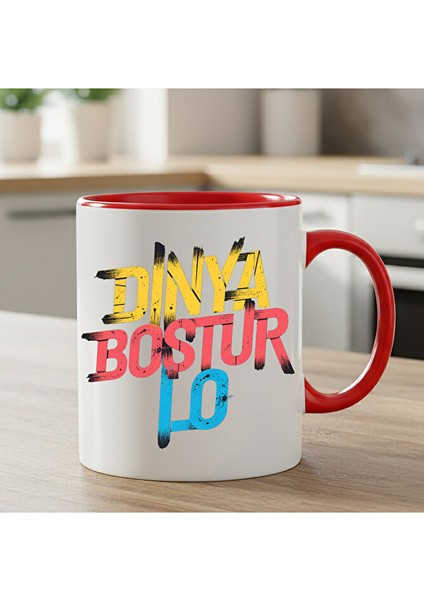 Dinya Boştur Lo Yazılı Kırmızı Renkli Kupa Bardağı - Dünya Boştur Lo Kırmızı Klasik Kupa Bardak