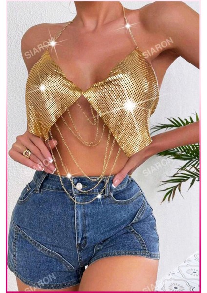 Desenli Zincirli Işıltılı Halter Yaka Parti Üstü & Kadın Gecelik Bluz