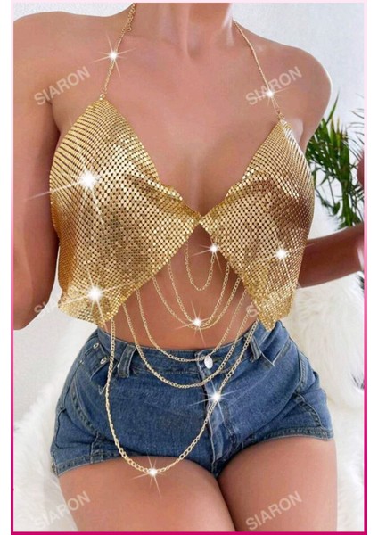 Desenli Zincirli Işıltılı Halter Yaka Parti Üstü & Kadın Gecelik Bluz fiyatları