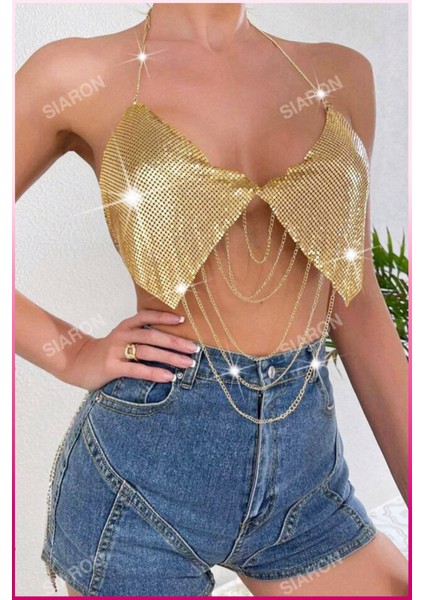 Desenli Zincirli Işıltılı Halter Yaka Parti Üstü & Kadın Gecelik Bluz modelleri