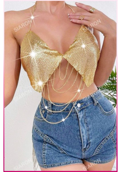 Desenli Zincirli Işıltılı Halter Yaka Parti Üstü & Kadın Gecelik Bluz fırsatları