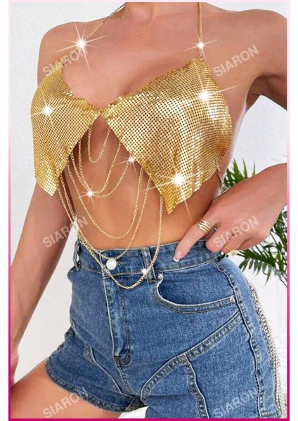 Desenli Zincirli Işıltılı Halter Yaka Parti Üstü & Kadın Gecelik Bluz indirimleri