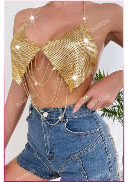 Desenli Zincirli Işıltılı Halter Yaka Parti Üstü & Kadın Gecelik Bluz