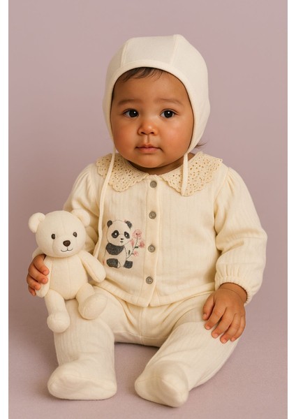 Yeni Doğan Kız Bebek %100 Pamuk Panda Nakışlı 5’li Bebek Takımı – Krem