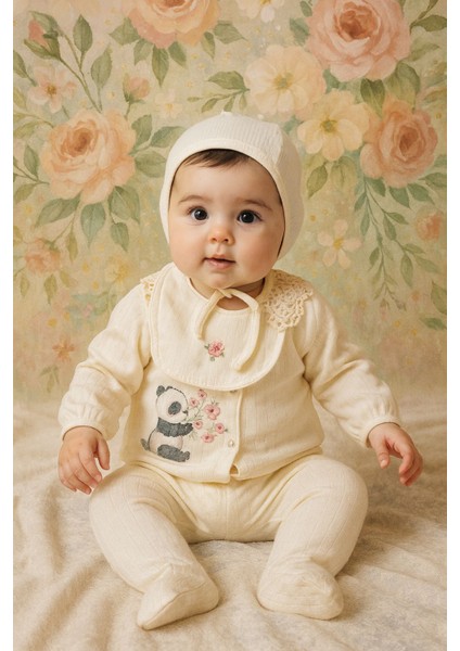 Yeni Doğan Kız Bebek %100 Pamuk Panda Nakışlı 5’li Bebek Takımı – Krem fiyatları