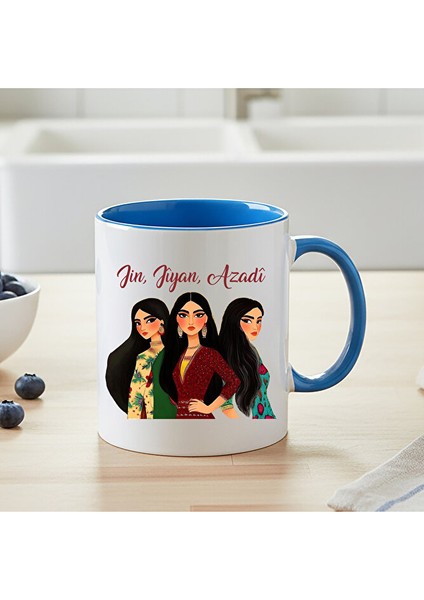 Jin Jiyan Azadi Kadın Tasarımlımavi Renkli Kupa Bardağı - Jin Jiyan Azadi Mavi Kupa Bardak