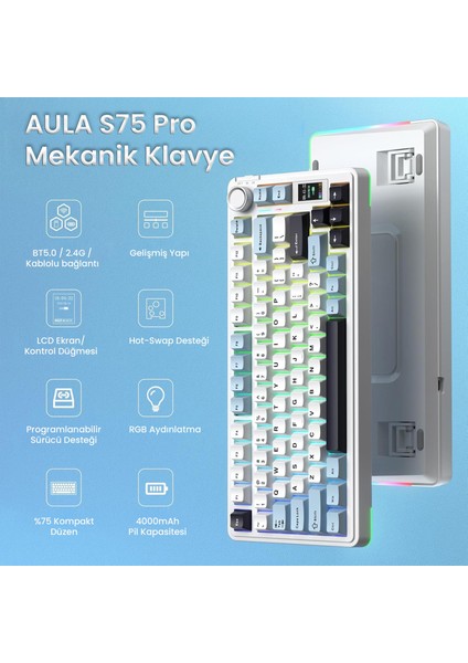 S75 Pro Mekanik Rgb Tkl Seiya Switch Kablosuz Makrolu Hot Swap Klavye Lacivert fiyatları