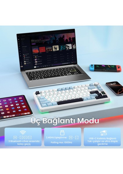 S75 Pro Mekanik Rgb Tkl Seiya Switch Kablosuz Makrolu Hot Swap Klavye Lacivert fırsatları