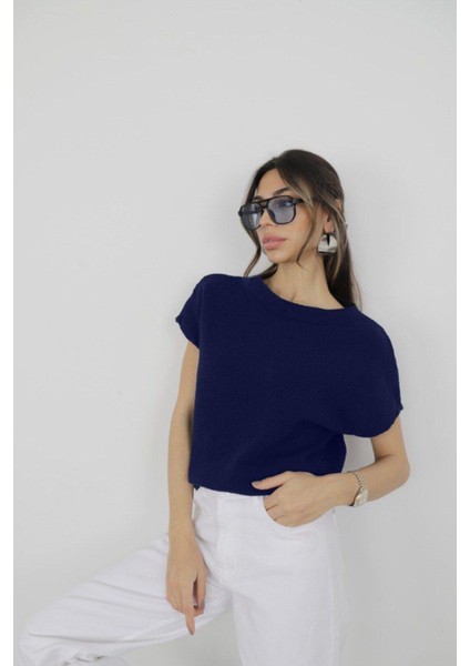 Lacivert Triko Kısa Kollu Kadın Bluz