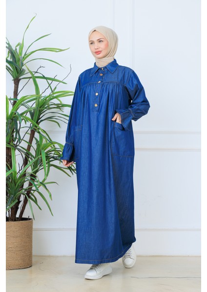 Robalı Gömlek Yaka Geniş Cepli Yarım Pat Düğmeli Mevlana Kot Elbise