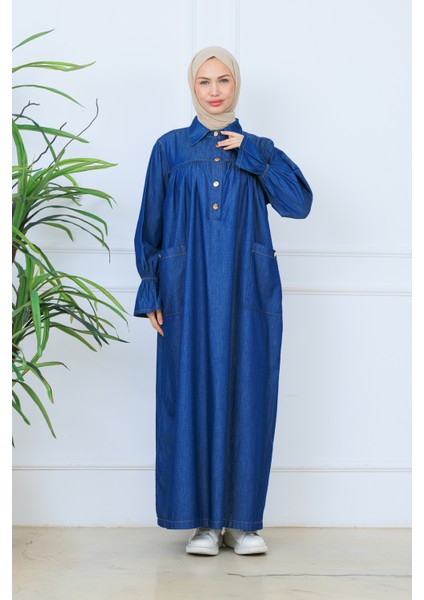 Robalı Gömlek Yaka Geniş Cepli Yarım Pat Düğmeli Mevlana Kot Elbise fiyatları