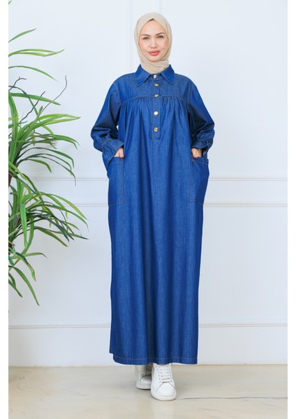 Robalı Gömlek Yaka Geniş Cepli Yarım Pat Düğmeli Mevlana Kot Elbise