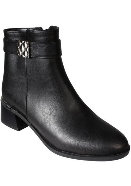Yazkış Kadın Siyah Kahverengi Cilt Yanı Taşlı 4cm Kalın Topuk 13CM Bilek Boyu Bot