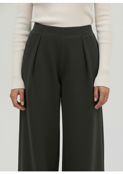 Pileli Bol Pantolon-Haki