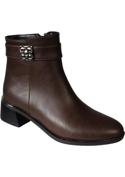 Yazkış Kadın Siyah Kahverengi Cilt Yanı Taşlı 4cm Kalın Topuk 13CM Bilek Boyu Bot