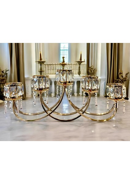 Yatay Lüx Kristal Taşlı Gold Şamdan