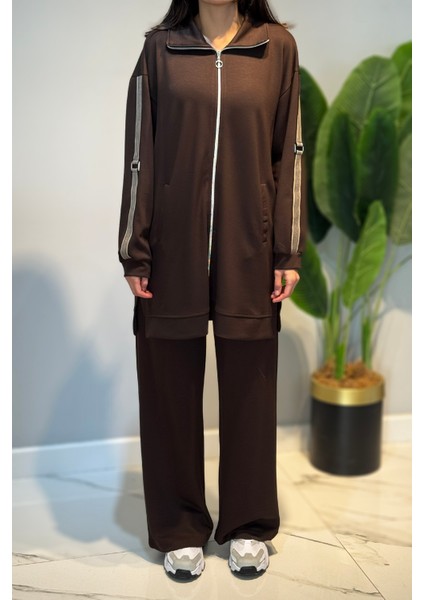 Kolları Şerit Kemer Detay Tunikli Pantolon Takım 2119 Kahverengi modelleri