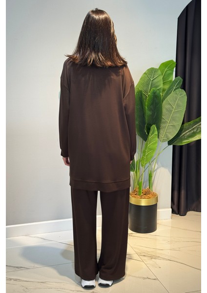 Kolları Şerit Kemer Detay Tunikli Pantolon Takım 2119 Kahverengi fırsatları