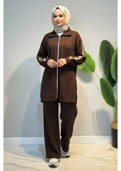 Kolları Şerit Kemer Detay Tunikli Pantolon Takım 2119 Kahverengi indirimleri