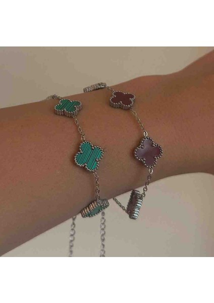 Silver Yeşil Bordo Yonca Model Çelik Ikili Bileklik Seti