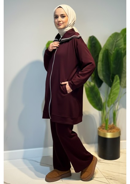 Pul Detay Önü Fermuarlı Tunik Pantolon Takım 2120 Bordo
