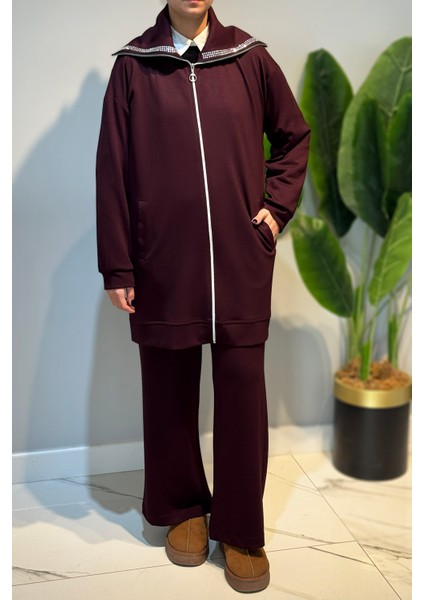 Pul Detay Önü Fermuarlı Tunik Pantolon Takım 2120 Bordo fiyatları