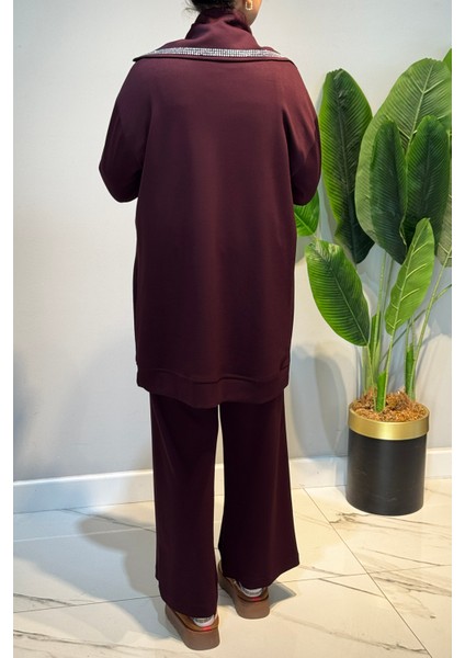 Pul Detay Önü Fermuarlı Tunik Pantolon Takım 2120 Bordo fırsatları