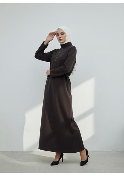 Beli Stoper Tünelli Elbise-Kahve