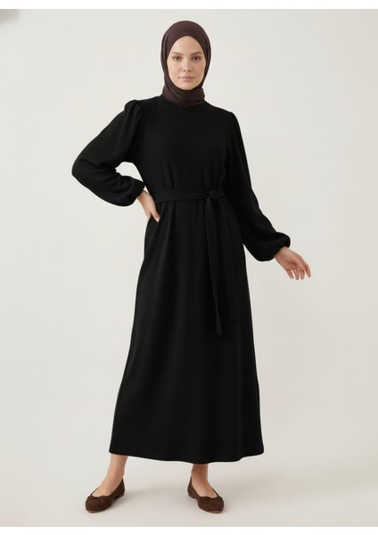 Balon Kol Örme Triko Elbise-Siyah