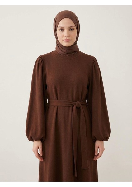 Balon Kol Örme Triko Elbise-Kahve