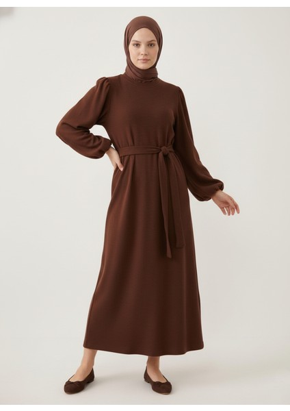 Balon Kol Örme Triko Elbise-Kahve fiyatları