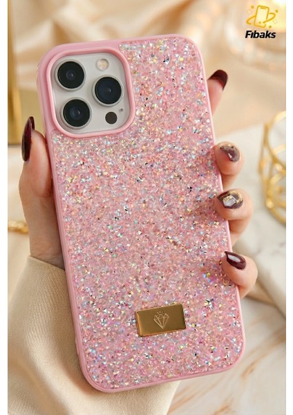 Apple iPhone 16 Pro Kılıf Içi Kadife Elmas Tasarımlı Pembe Taşlı Işıltılı Pırlanta Silikon Kapak