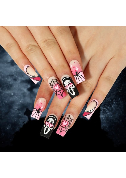 Halloween Korku Maskeli Özel Tasarım Uzun Düz Takma Tırnak Seti (24 Adet)