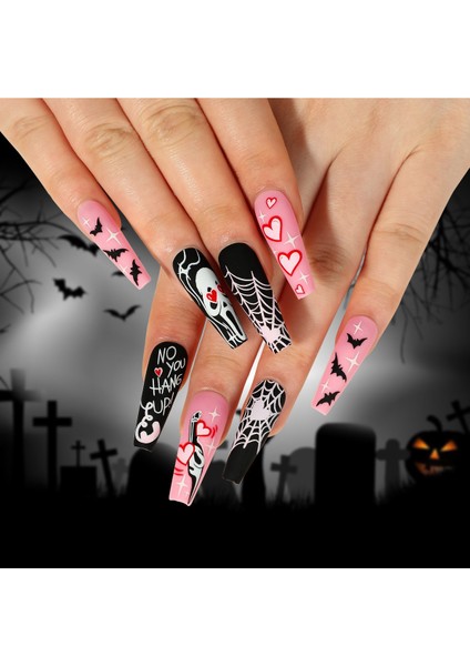 Halloween Korku Maskeli Özel Tasarım Uzun Düz Takma Tırnak Seti (24 Adet)