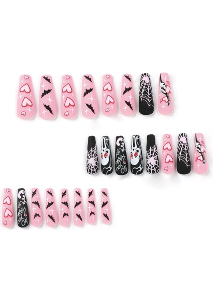 Halloween Korku Maskeli Özel Tasarım Uzun Düz Takma Tırnak Seti (24 Adet) modelleri