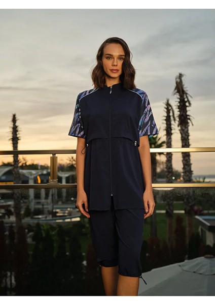 Sporcu Likra Paraşüt Kumaş Yarım Kollu Önden Fermuarlı Kadın Mayo 3418