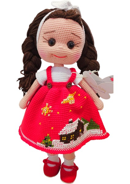 El Yapımı Kırmızı Yılbaşı Evi Işlemeli Bebek