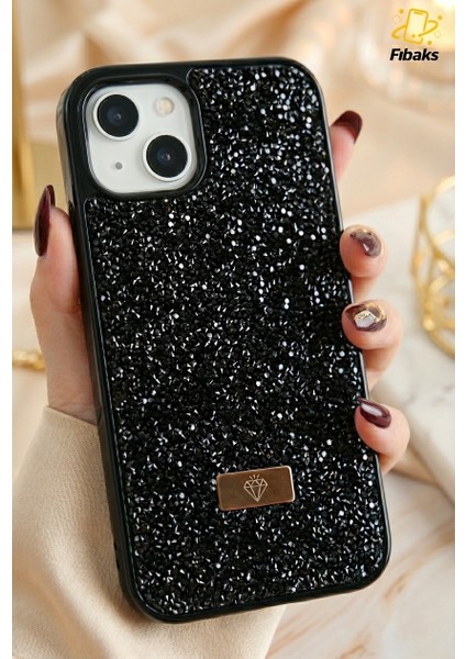Apple iPhone 13 - 14 - 15 Uyumlu Kılıf Elmas Tasarımlı Siyah Taşlı Işıltılı Pırlanta Silikon Kapak