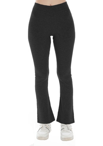 Kadın Ribanalı Ispanyol Paça Siyah Tayt (Büyük Beden Seçeneğiyle)