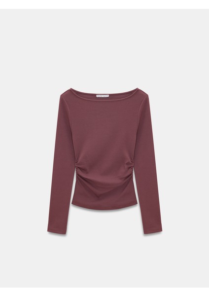 31401 Büzgülü Kayık Yaka Top-Mürdüm