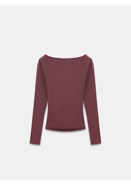 31401 Büzgülü Kayık Yaka Top-Mürdüm fiyatları