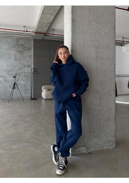 3 Iplik Şardonlu Kapşonlu Sweatshirt Lacivert P510436 modelleri