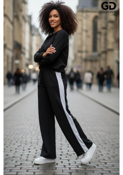 11-007 Kadın Modal Yanı Parçalı Şeritli Bol Paça Eşofman Altı