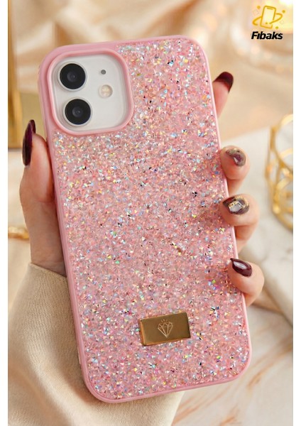 Apple iPhone 12-12 Pro Kılıf Içi Kadife Elmas Tasarımlı Pembe Taşlı Işıltılı Pırlanta Silikon Kapak