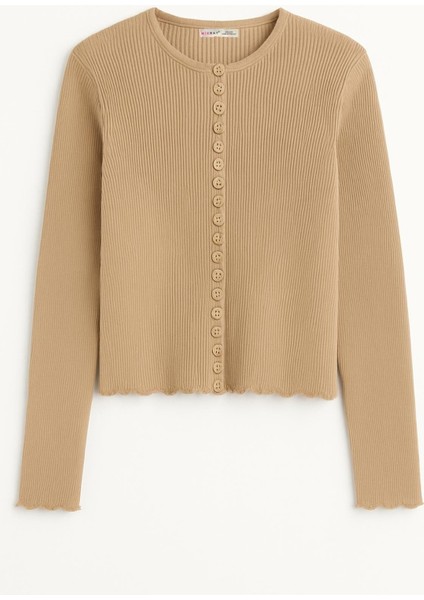 6972 Kadın Fitilli Basic Triko Hırka Camel