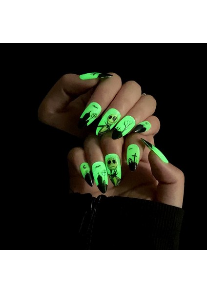 Halloween Korku Maskeli Özel Tasarım Uzun Düz Takma Tırnak Seti (24 Adet)