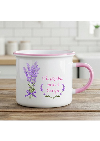 Sevgililere Için Isme Özel Tu Çîçeka Min Î Kürtçe Enamel Pembe Kupa Bardak (Isim Için Mesaj Atınız)